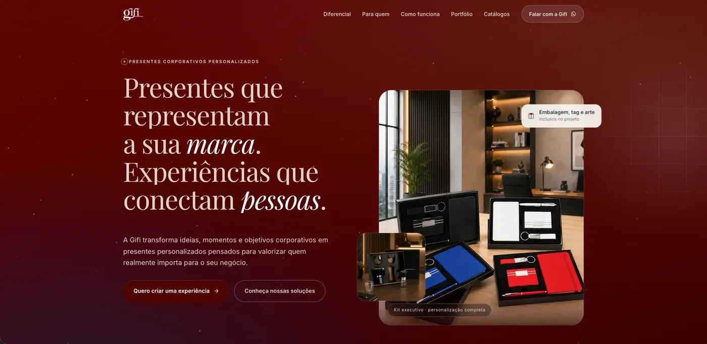 Capa do site da Gifi Personalizados, com a chamada "Presentes que representam a sua marca"