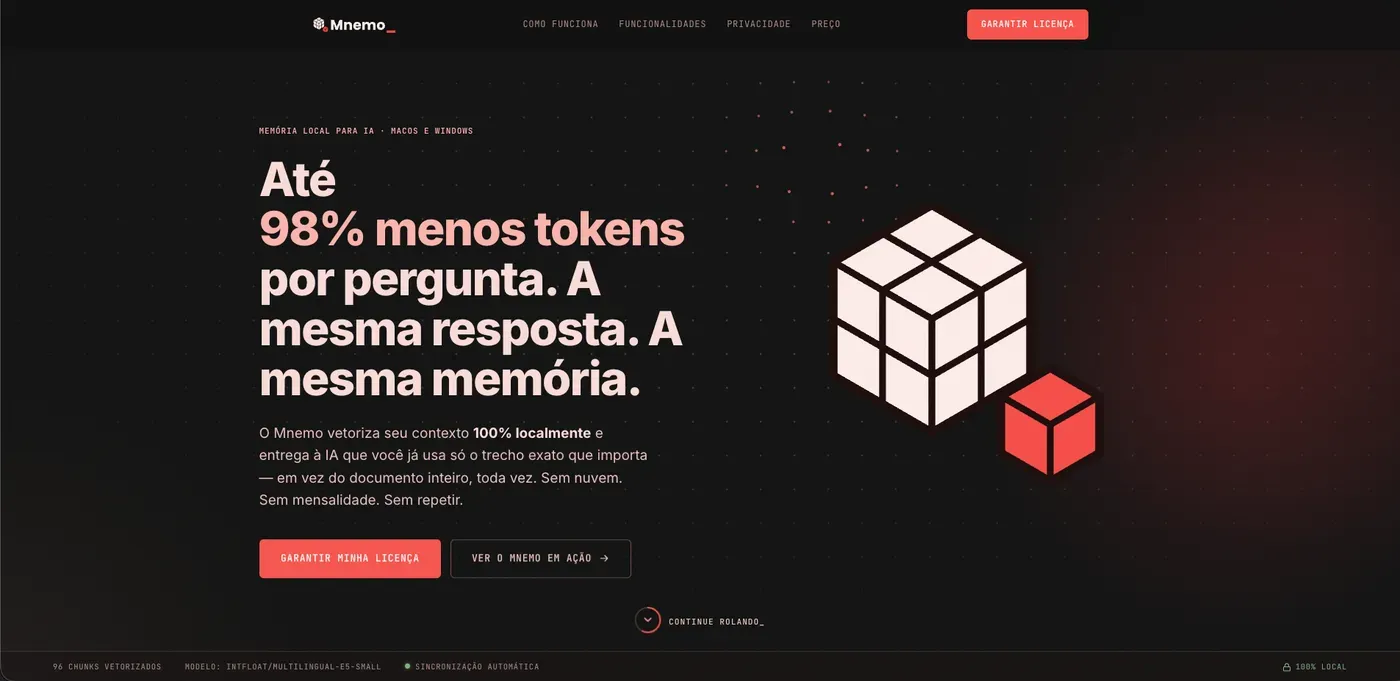 Capa do site do Mnemo, com a chamada sobre economia de tokens por pergunta