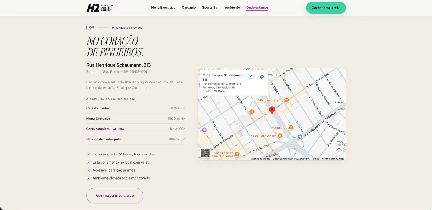 Landing page do H2 Sports Bar & Poker com endereço, mapa e informações de acesso